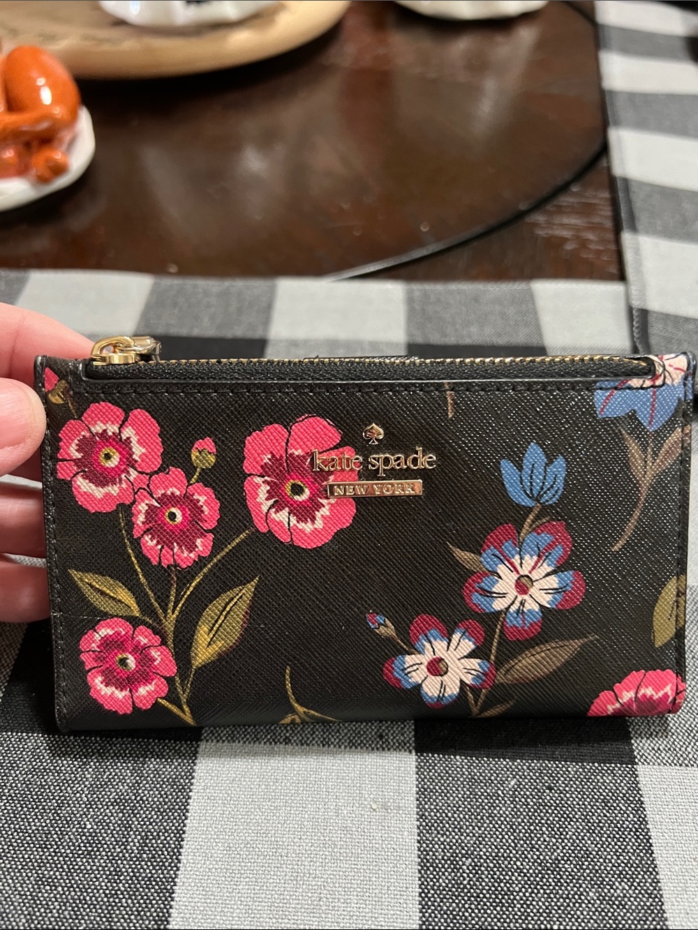 kate spade Black Floral Zip Card Pouch with Pink and Blue Blooms